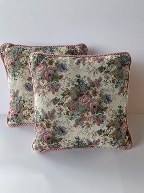 Cottagecore Floral Tapestry Throw Pillow x 2 12”x12” with Pink Corded Trim